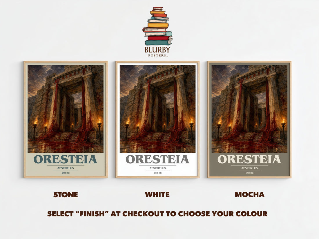 Oresteia book cover print framed by window – Stone, White and Mocha side by side – choose your colour