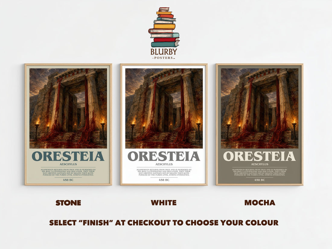 Oresteia bookish print framed by window – Stone, White and Mocha side by side – choose your colour