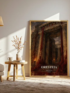 Oresteia watercolour print in frame leaning in hallway – classic literature wall art
