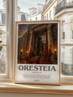 Oresteia bookish print in frame leaning in hallway – classic literature wall art