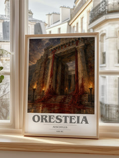 Oresteia book cover print in frame leaning in hallway – classic literature wall art