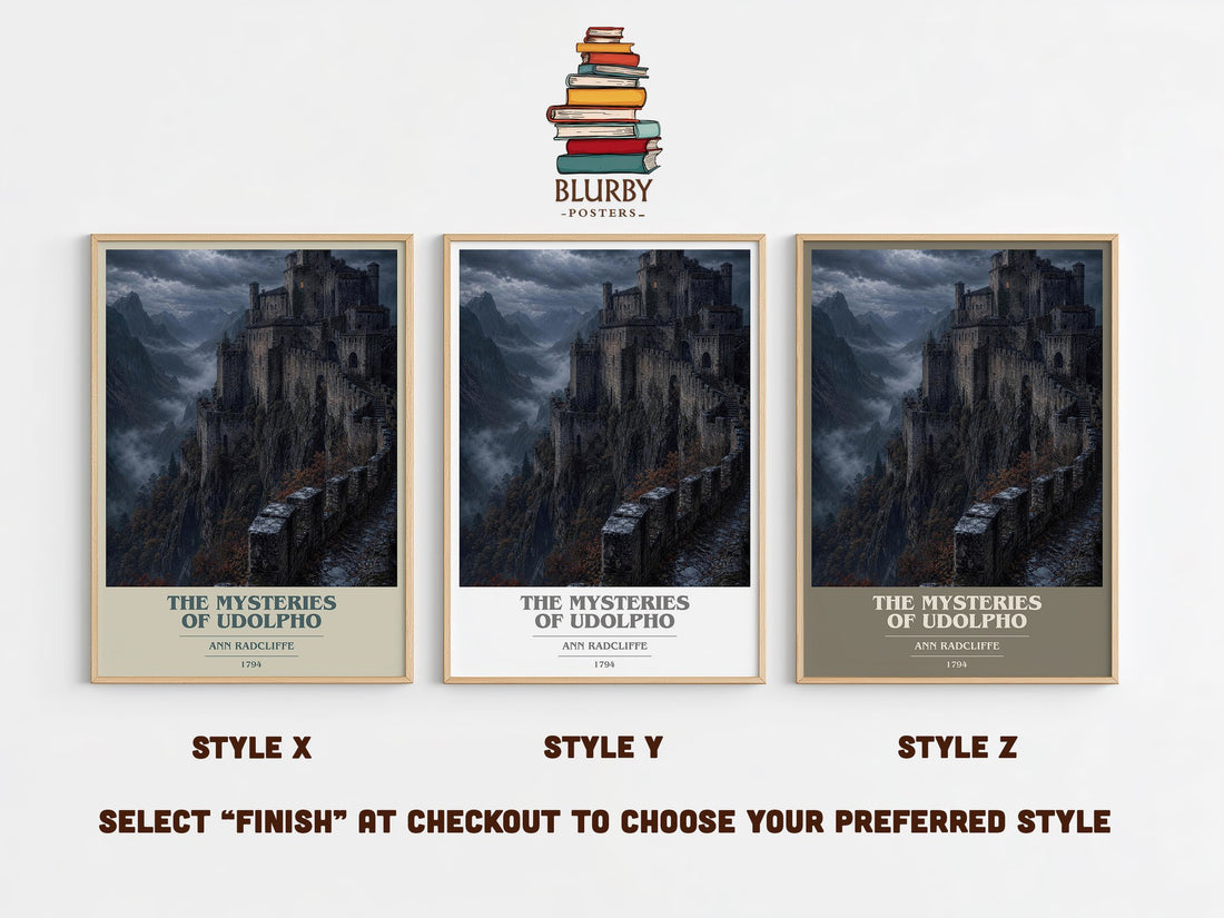 The Mysteries of Udolpho book cover print in frame leaning in hallway – gothic wall art (mockup)