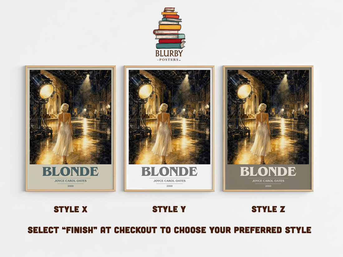 Blonde book cover print in frame leaning in hallway – literary fiction wall art (mockup)