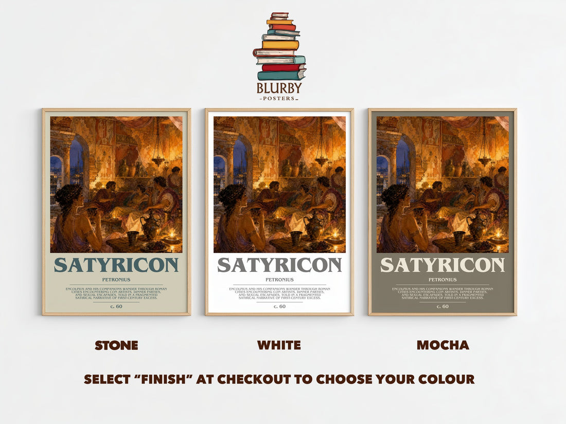 Satyricon bookish print framed by window – Stone, White and Mocha side by side – choose your colour