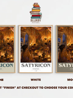 Satyricon book cover print framed by window – Stone, White and Mocha side by side – choose your colour