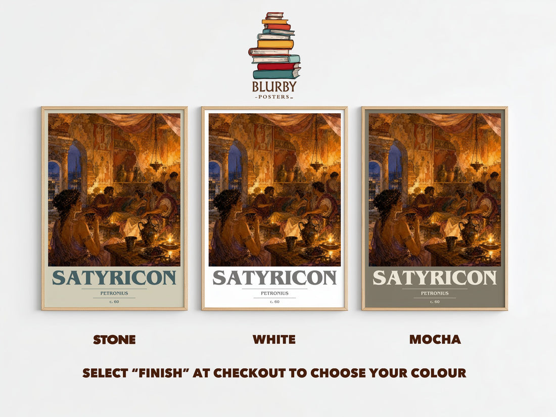 Satyricon book cover print framed by window – Stone, White and Mocha side by side – choose your colour