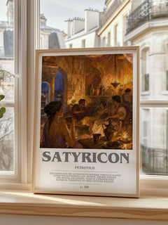 Satyricon bookish print in frame leaning in hallway – satire wall art