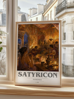 Satyricon book cover print in frame leaning in hallway – satire wall art
