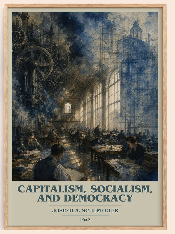Capitalism, Socialism, and Democracy book cover book poster by Joseph A. Schumpeter – framed literary art print