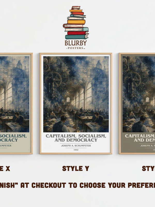 Capitalism, Socialism, and Democracy book cover print in frame leaning in hallway – non fiction wall art