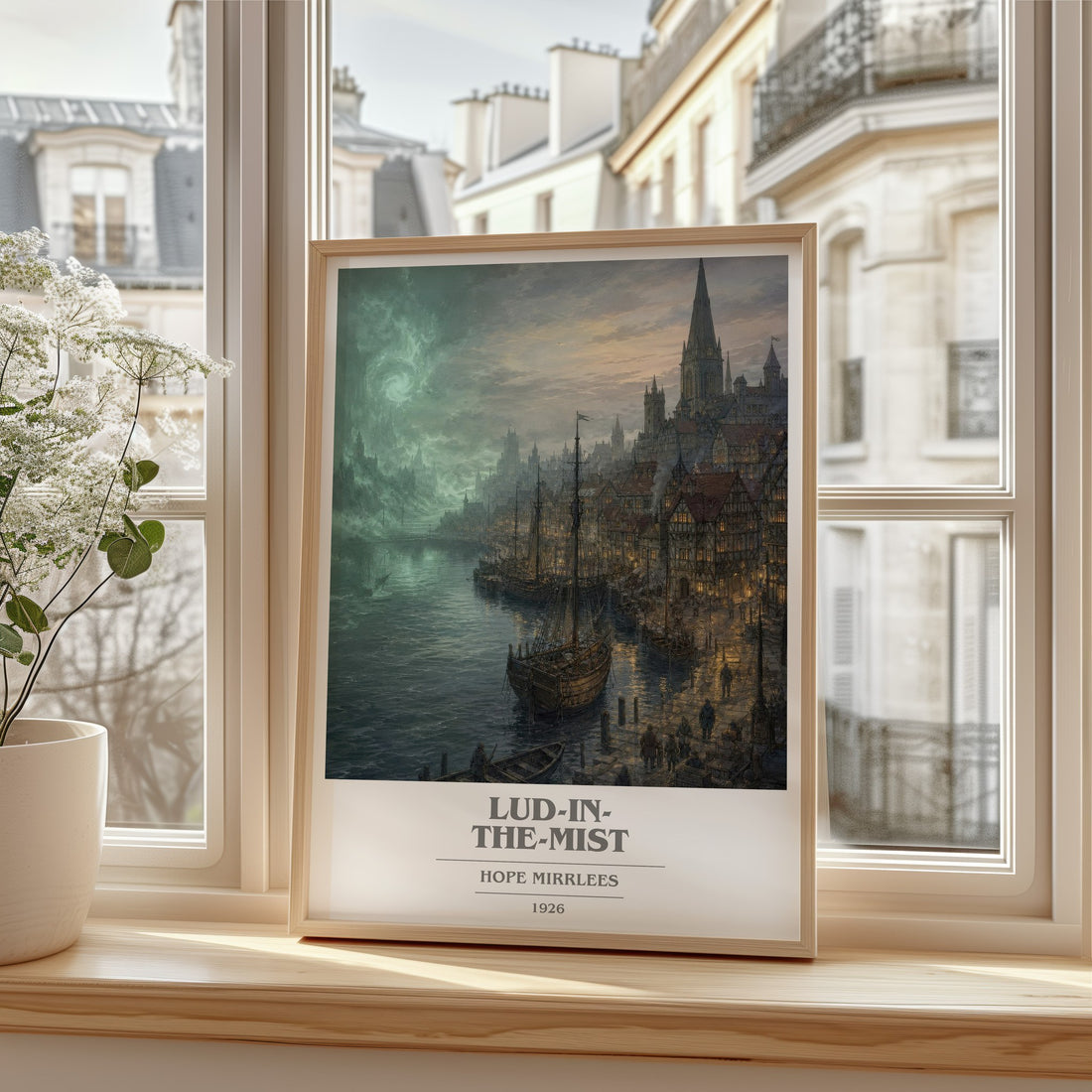 Lud-in-the-Mist Book Cover Poster by Hope Mirrlees – framed print by a bright window