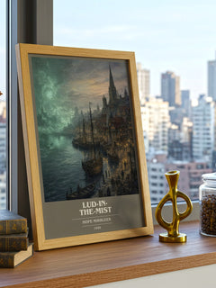 Lud-in-the-Mist Book Cover Poster by Hope Mirrlees – framed print on a city-view windowsill