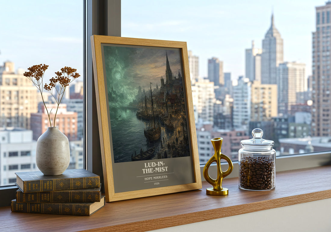 Lud-in-the-Mist Book Cover Poster by Hope Mirrlees – framed print on a city-view windowsill