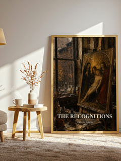 The Recognitions watercolour print in frame leaning in hallway – literary fiction wall art