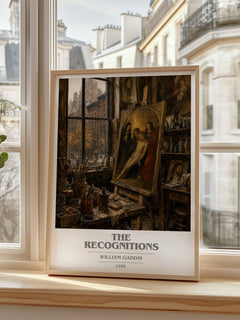 The Recognitions book cover print in frame leaning in hallway – literary fiction wall art