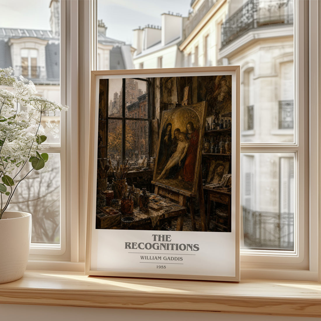 The Recognitions book cover print in frame leaning in hallway – literary fiction wall art