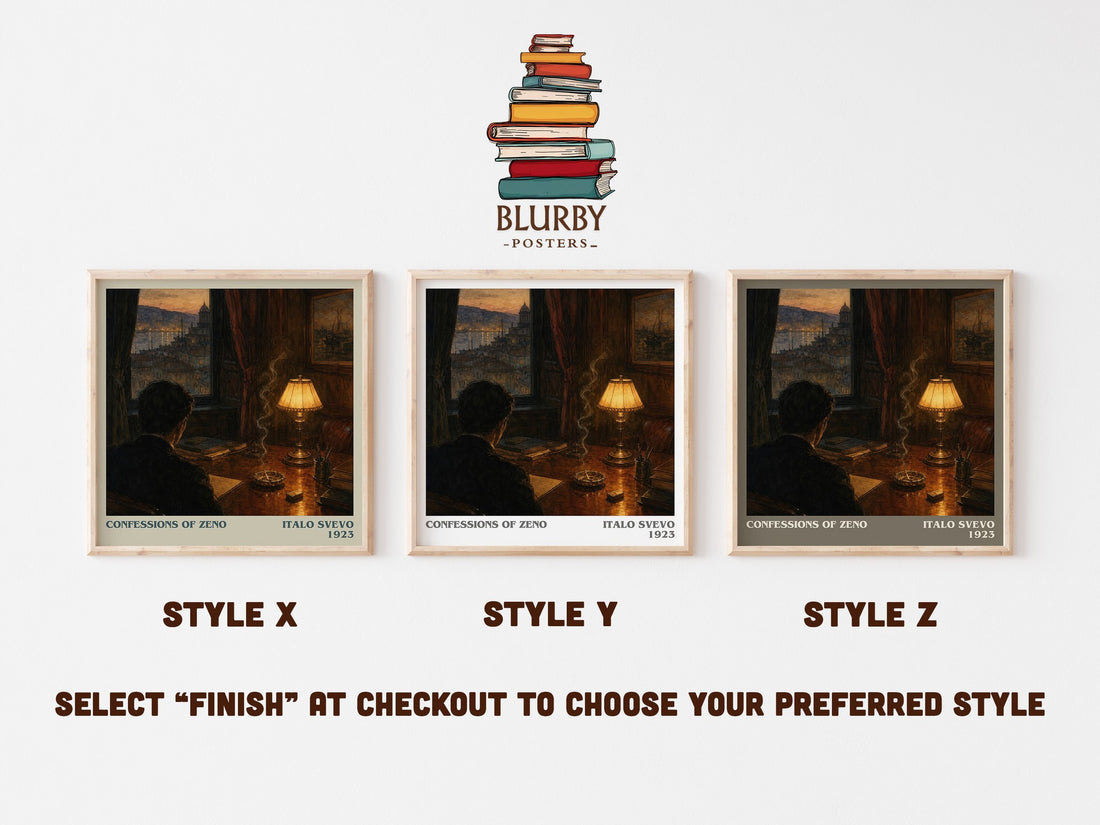 Confessions of Zeno literary print in frame leaning in hallway – literary fiction wall art (mockup)