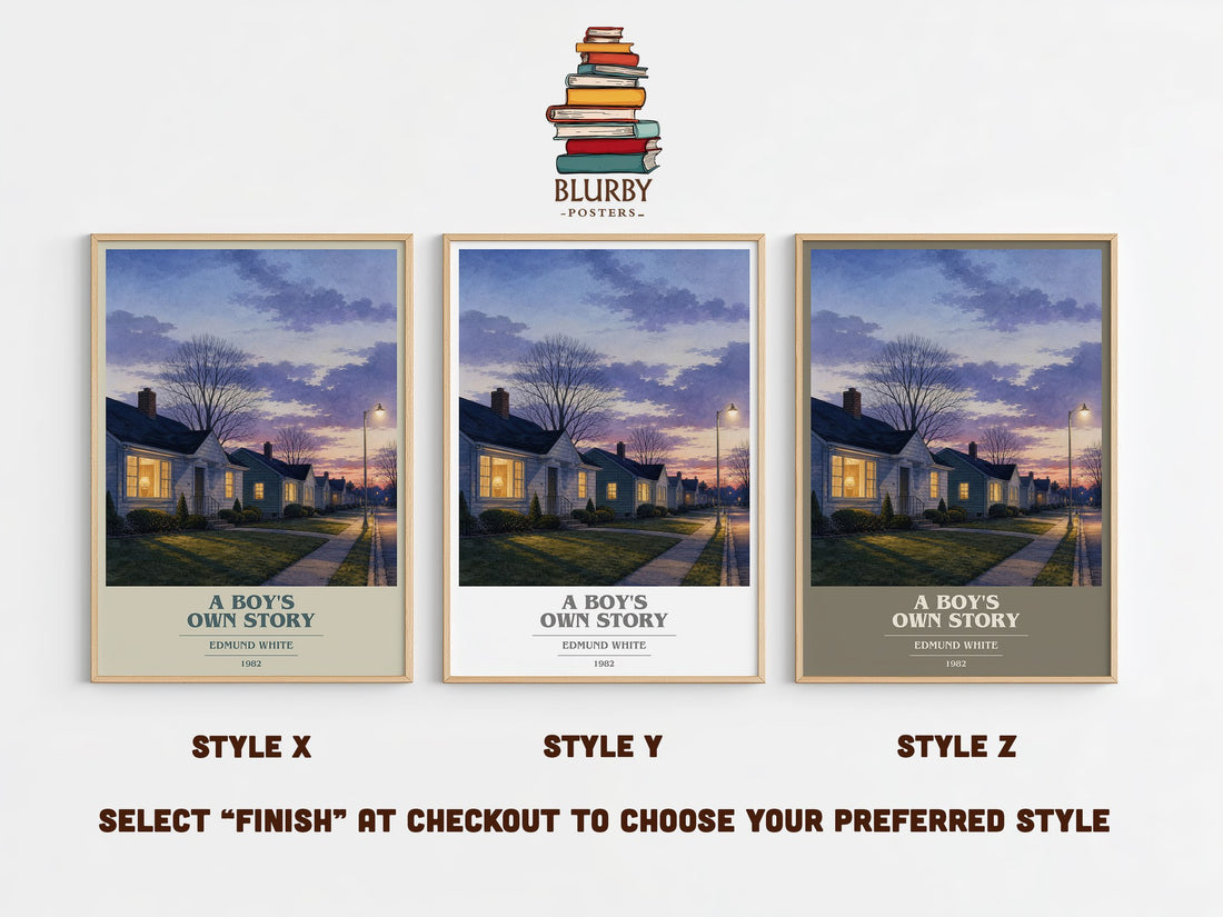 A Boy's Own Story book cover print in frame leaning in hallway – memoir wall art (mockup)