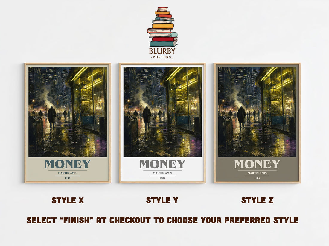 Money book cover print in frame leaning in hallway – satire wall art (mockup)