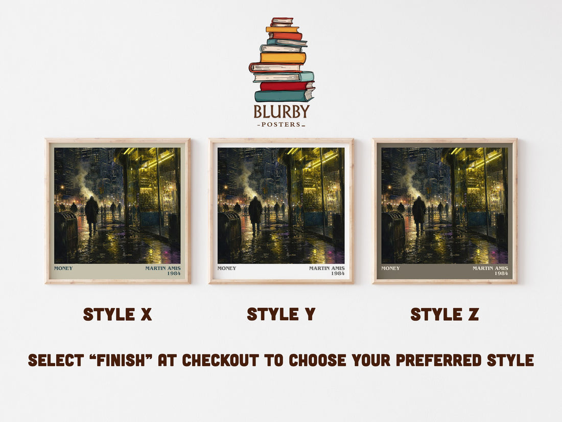 Money literary print in frame leaning in hallway – satire wall art (mockup)