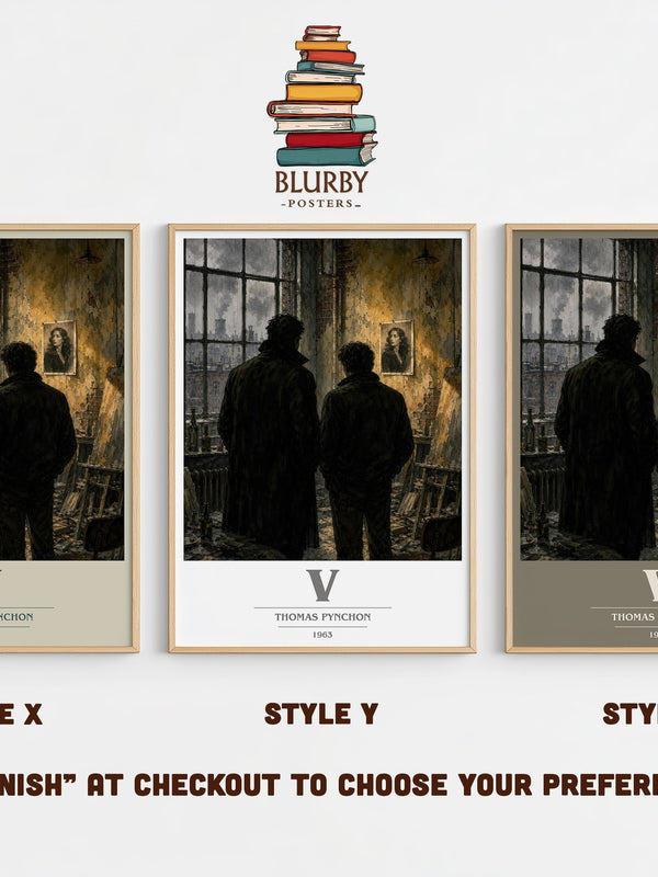 V book cover print in frame leaning in hallway – literary fiction wall art