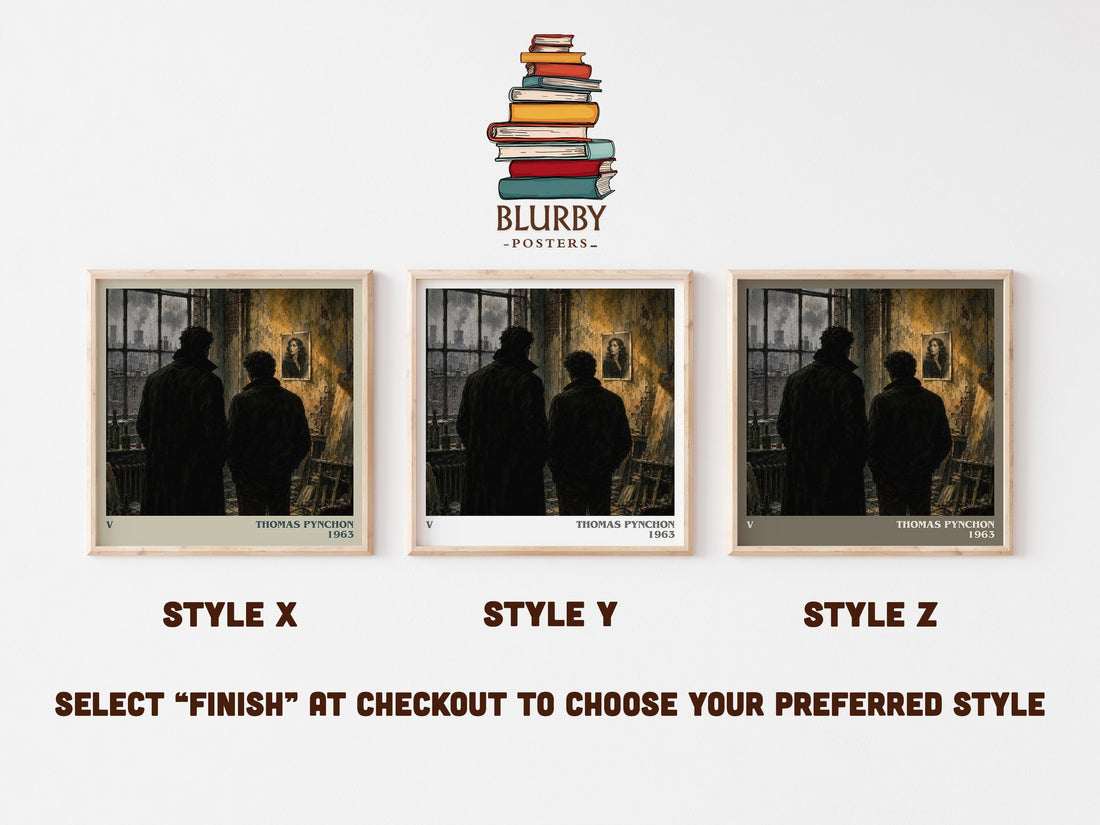 V literary print in frame leaning in hallway – literary fiction wall art (mockup)