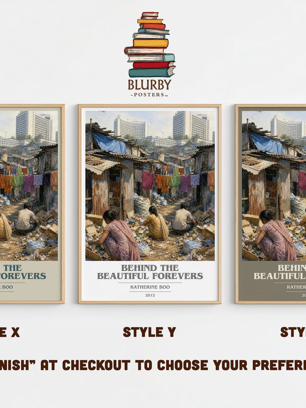 Behind the Beautiful Forevers book cover print in frame leaning in hallway – non fiction wall art