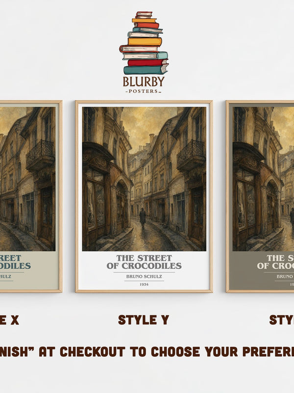 The Street of Crocodiles book cover print in frame leaning in hallway – literary fiction wall art