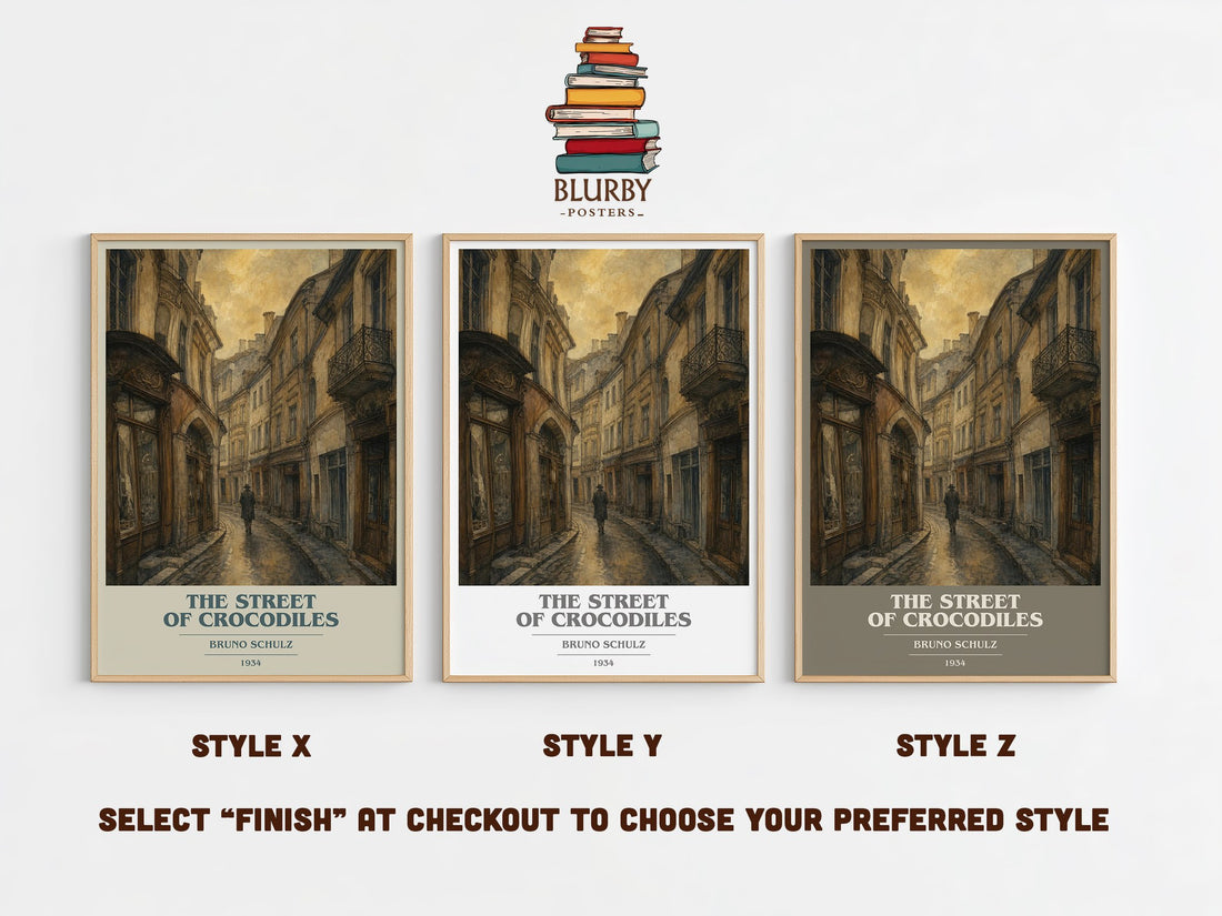 The Street of Crocodiles book cover print in frame leaning in hallway – literary fiction wall art (mockup)