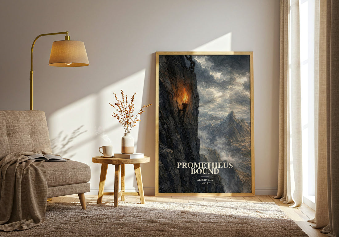 Prometheus Bound watercolour print in frame leaning in hallway – classic literature wall art