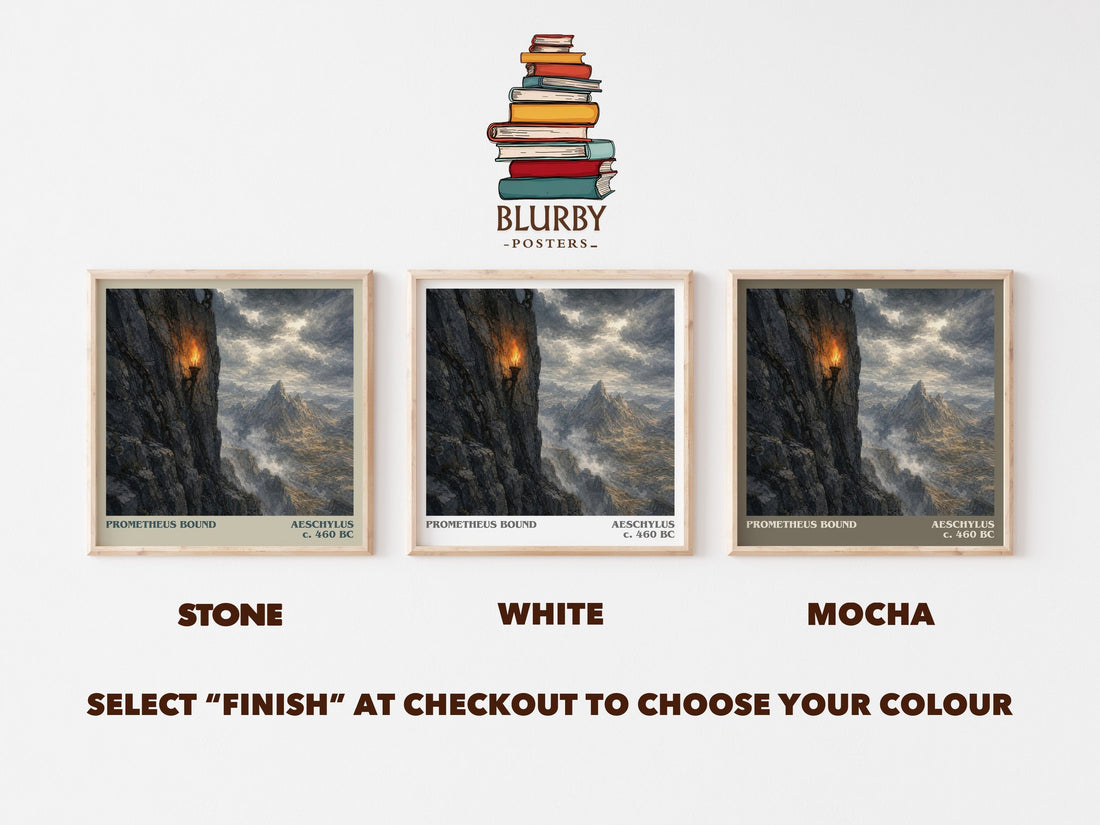 Prometheus Bound literary print framed by window – Stone, White and Mocha square prints side by side – choose your colour