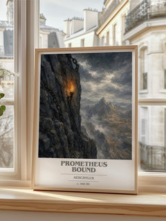 Prometheus Bound book cover print in frame leaning in hallway – classic literature wall art