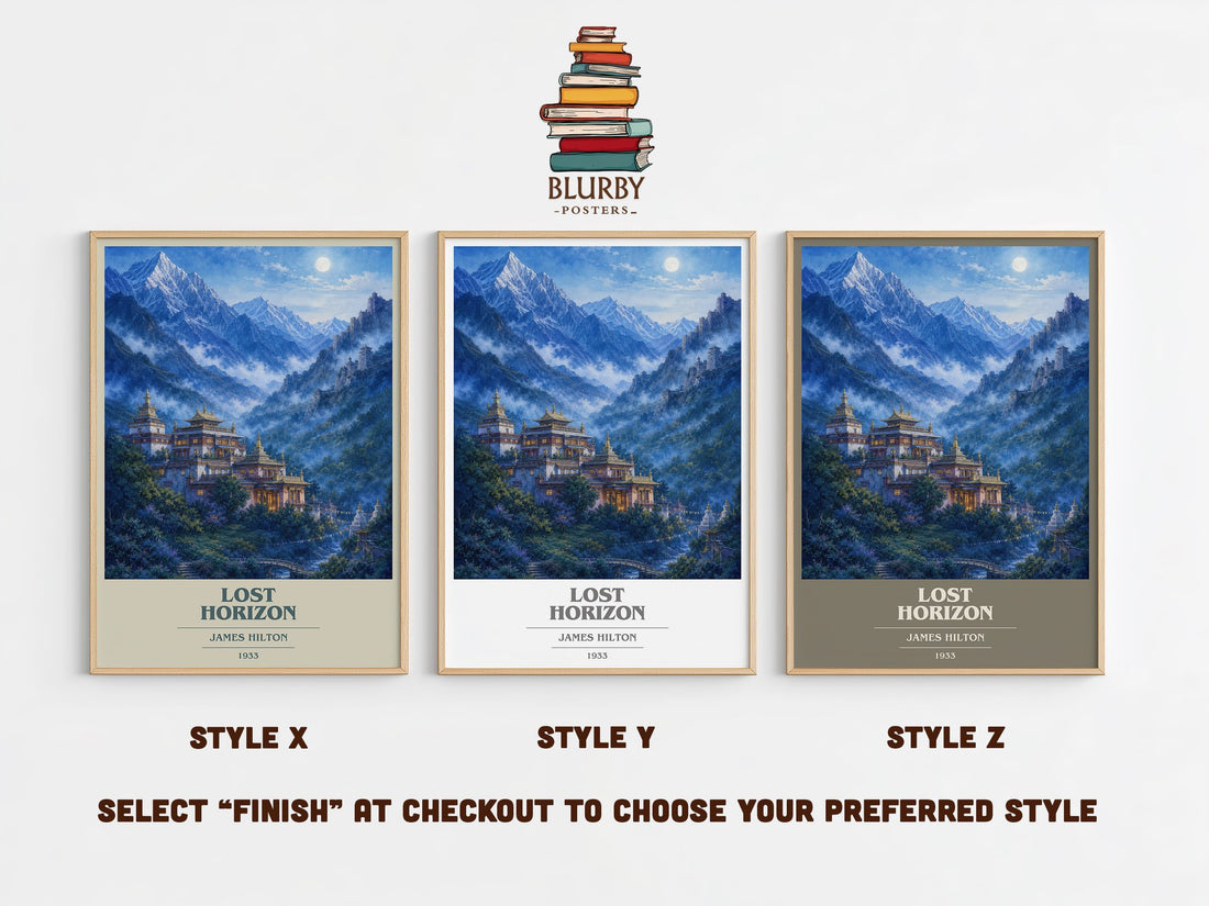 Lost Horizon book cover print in frame leaning in hallway – adventure wall art (mockup)
