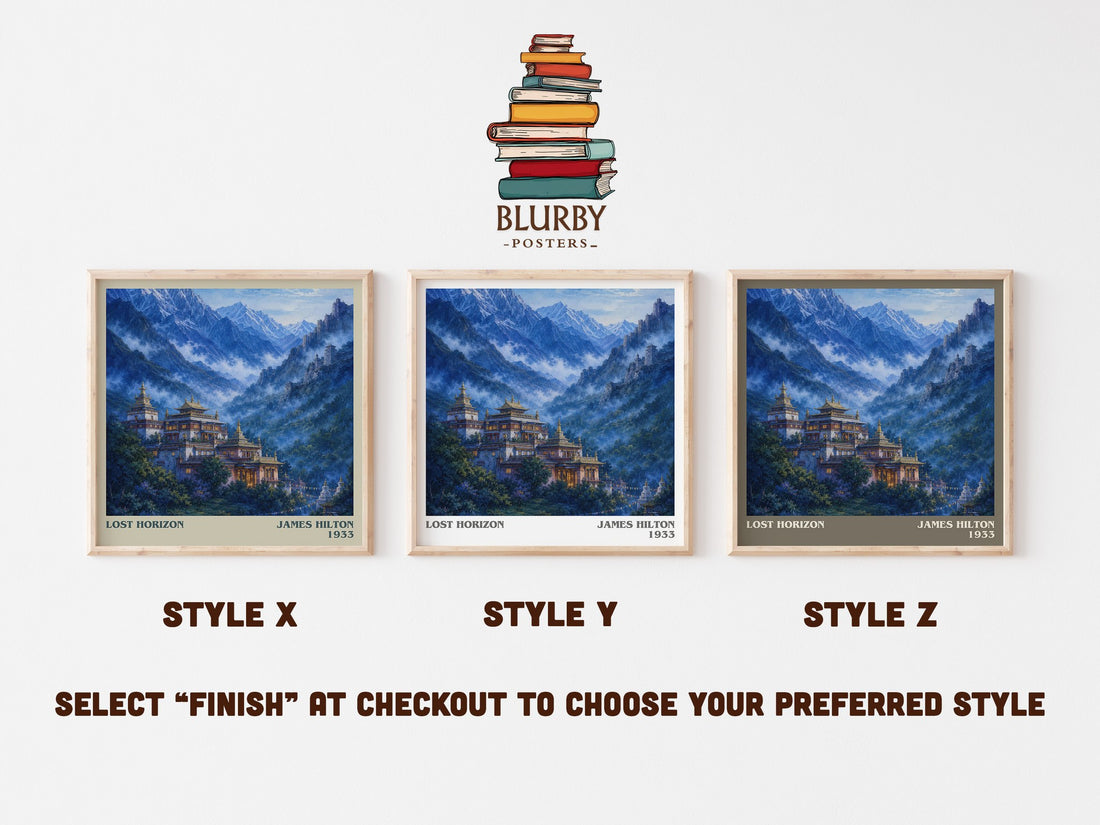 Lost Horizon literary print in frame leaning in hallway – adventure wall art (mockup)