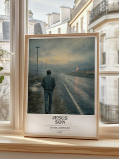 Jesus' Son book cover print in frame leaning in hallway – literary fiction wall art