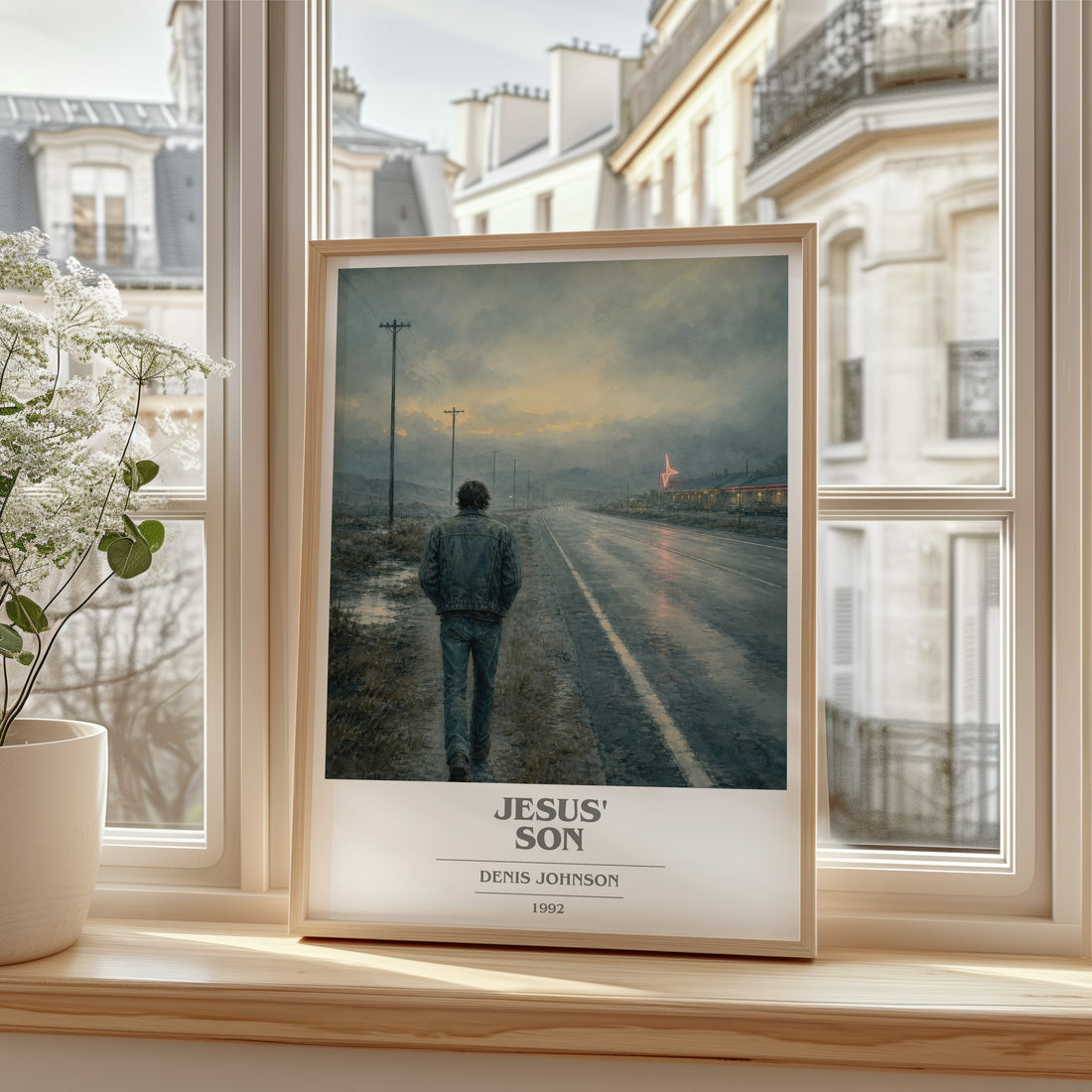 Jesus' Son book cover print in frame leaning in hallway – literary fiction wall art