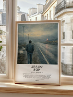 Jesus' Son bookish print in frame leaning in hallway – literary fiction wall art