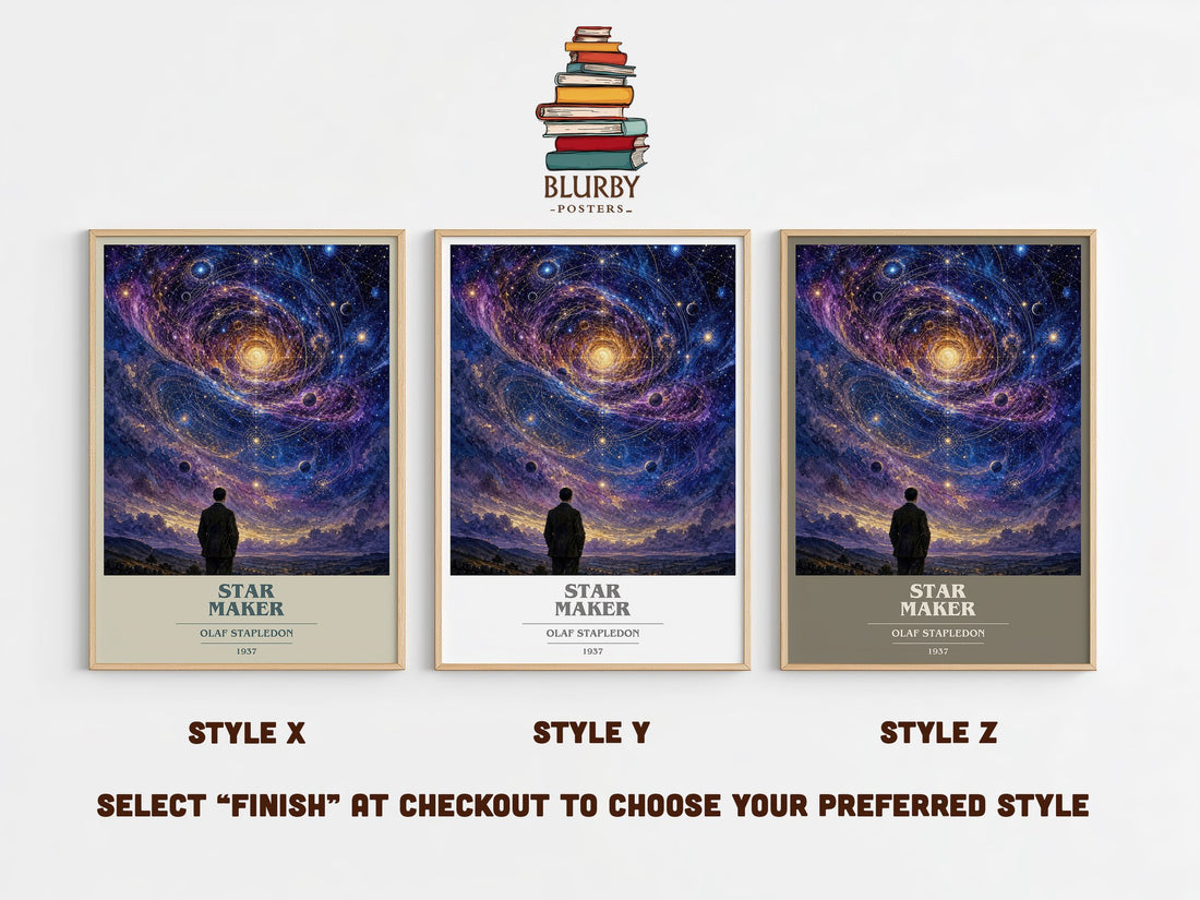 Star Maker book cover print in frame leaning in hallway – sci fi wall art (mockup)