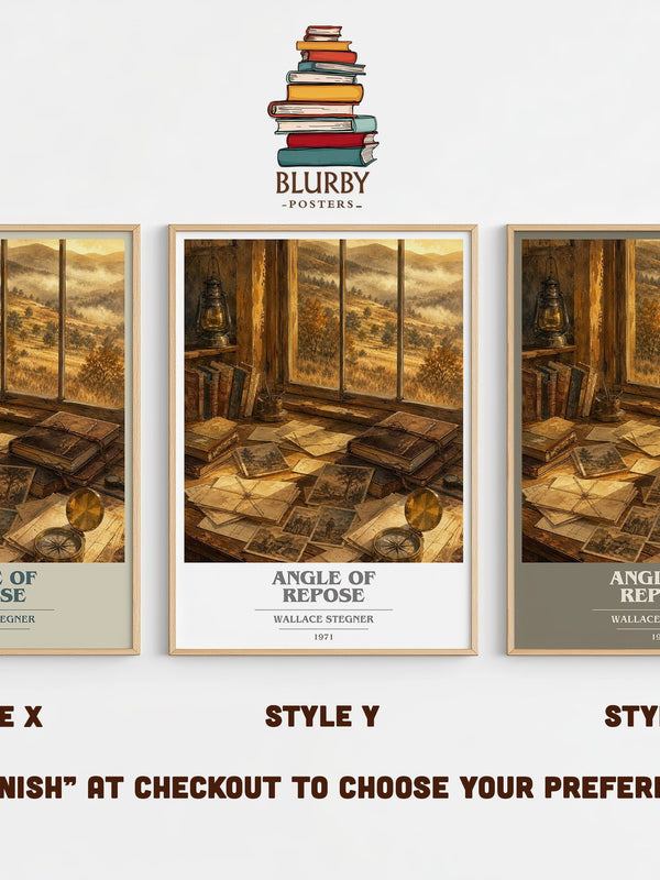 Angle of Repose book cover print in frame leaning in hallway – historical fiction wall art