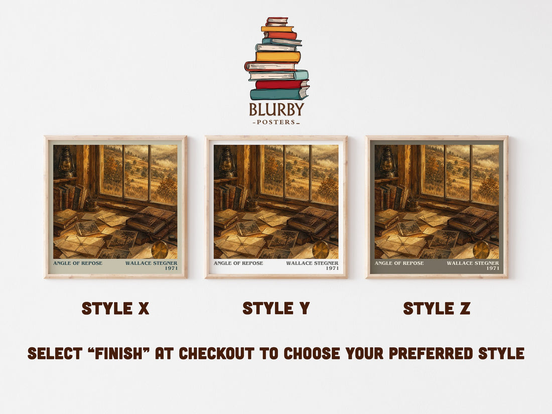 Angle of Repose literary print in frame leaning in hallway – historical fiction wall art (mockup)