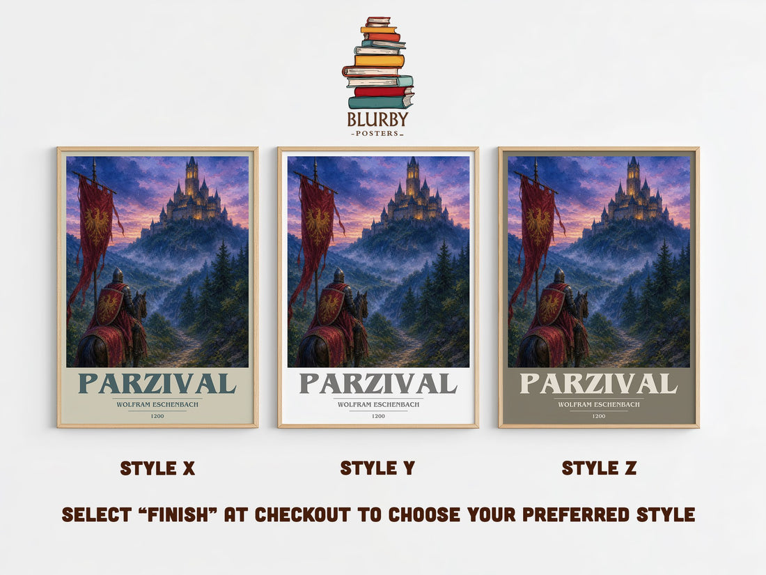 Parzival book cover print in frame leaning in hallway – classic literature wall art (mockup)