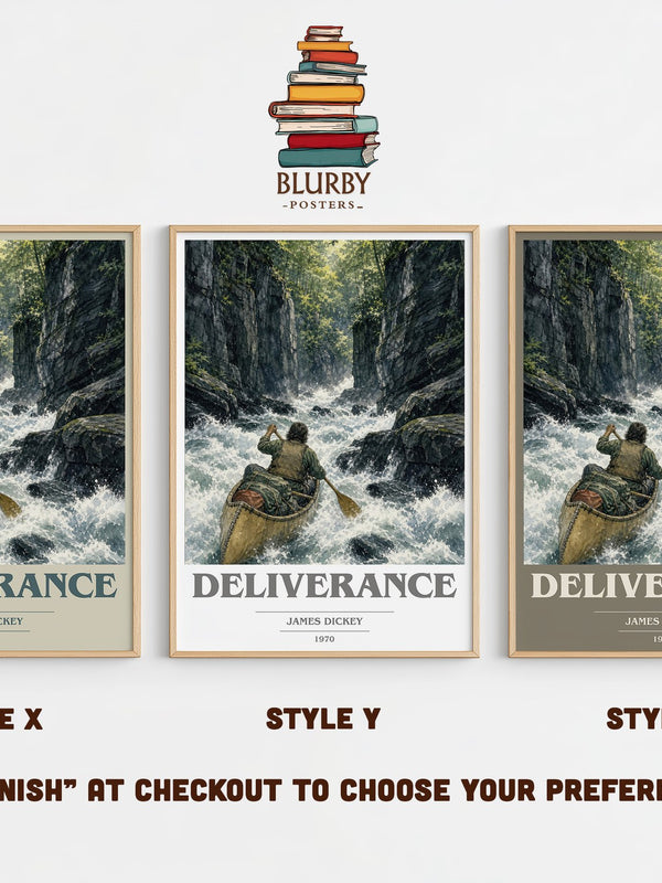 Deliverance book cover print in frame leaning in hallway – thriller wall art