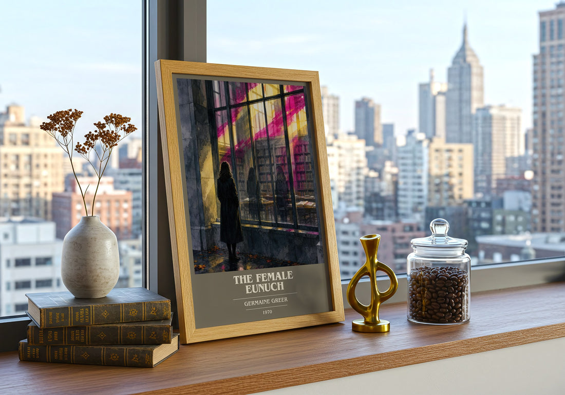 The Female Eunuch book cover print framed by window – literary home decor