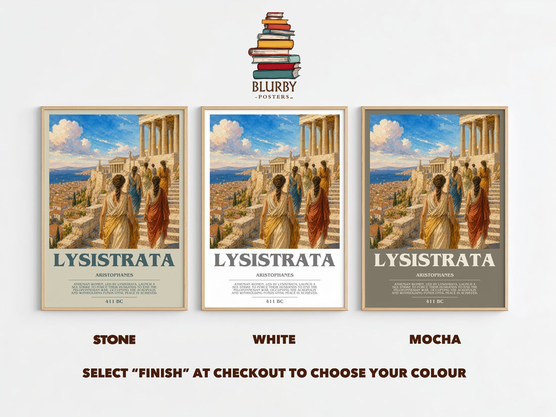Lysistrata bookish print framed by window – Stone, White and Mocha side by side – choose your colour