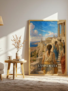Lysistrata watercolour print in frame leaning in hallway – classic literature wall art