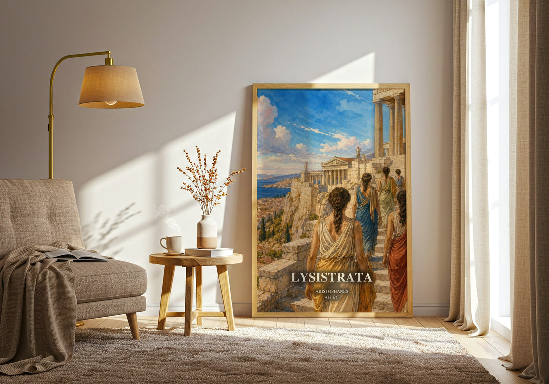 Lysistrata watercolour print in frame leaning in hallway – classic literature wall art