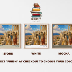 Lysistrata literary print framed by window – Stone, White and Mocha square prints side by side – choose your colour