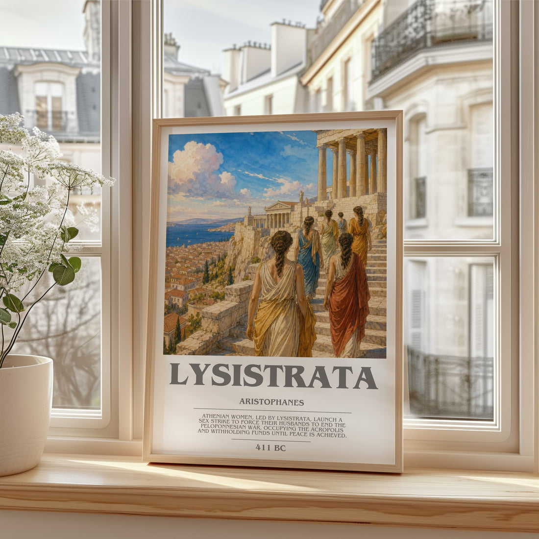 Lysistrata bookish print in frame leaning in hallway – classic literature wall art