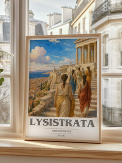 Lysistrata book cover print in frame leaning in hallway – classic literature wall art