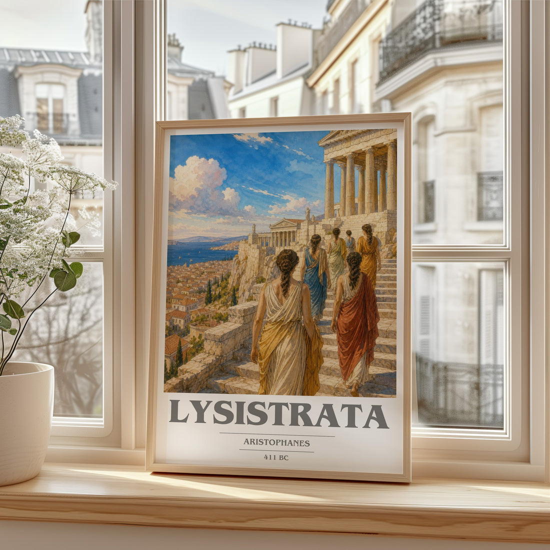Lysistrata book cover print in frame leaning in hallway – classic literature wall art